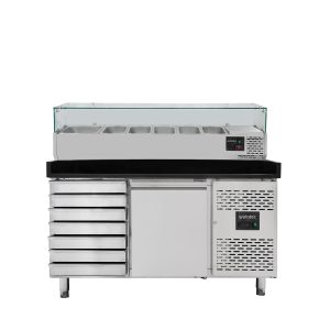 Pizzakühltisch / 1-türig & 7 Schubladen “schwarz” inkl. Kühlaufsatz GN1/3, 1510 x 800 mm