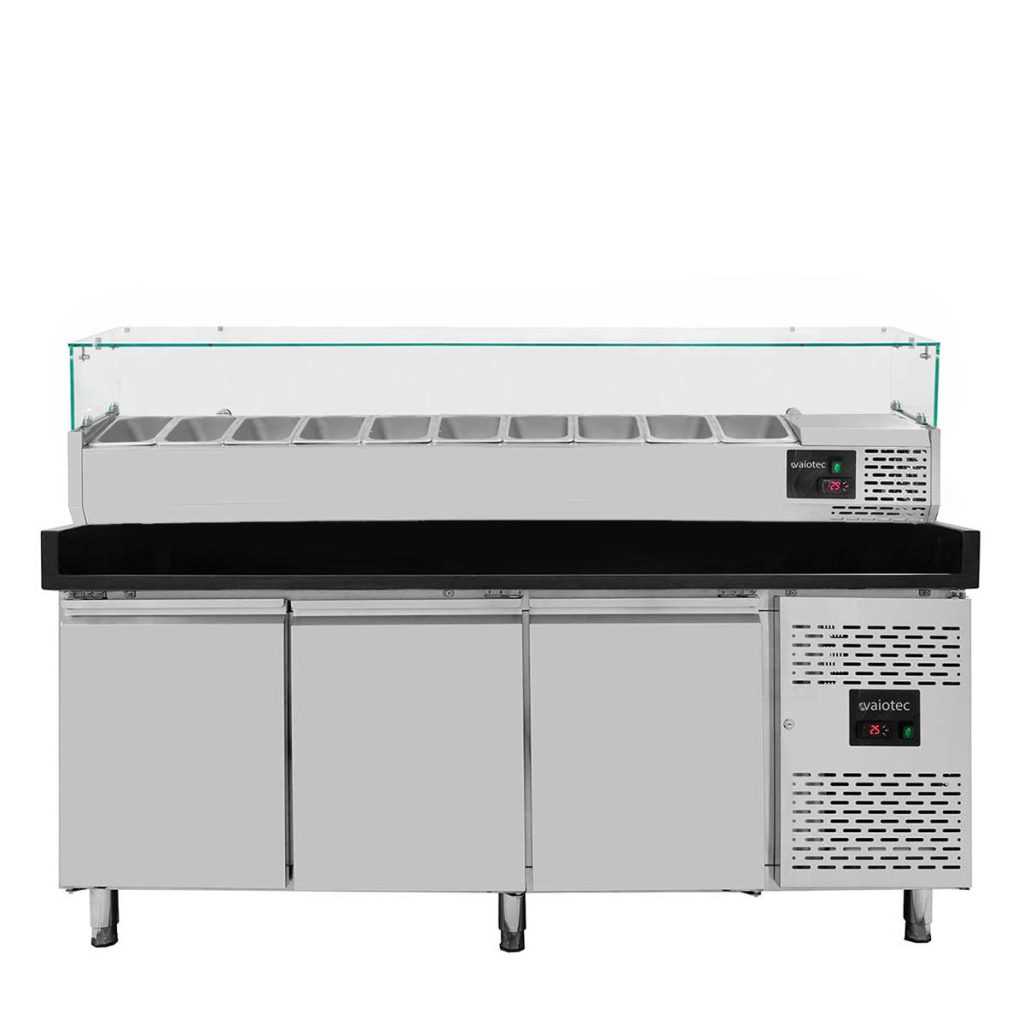 Pizzakühltisch / 3-türig “schwarz” inkl. Kühlaufsatz GN1/4, 2020 x 800 mm