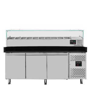 Pizzakühltisch / 3-türig “schwarz” inkl. Kühlaufsatz GN1/4, 2020 x 800 mm