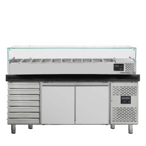 Pizzakühltisch / 2-türig & 7 Schubladen “schwarz” inkl. Kühlaufsatz GN1/4, 2020 x 800 mm