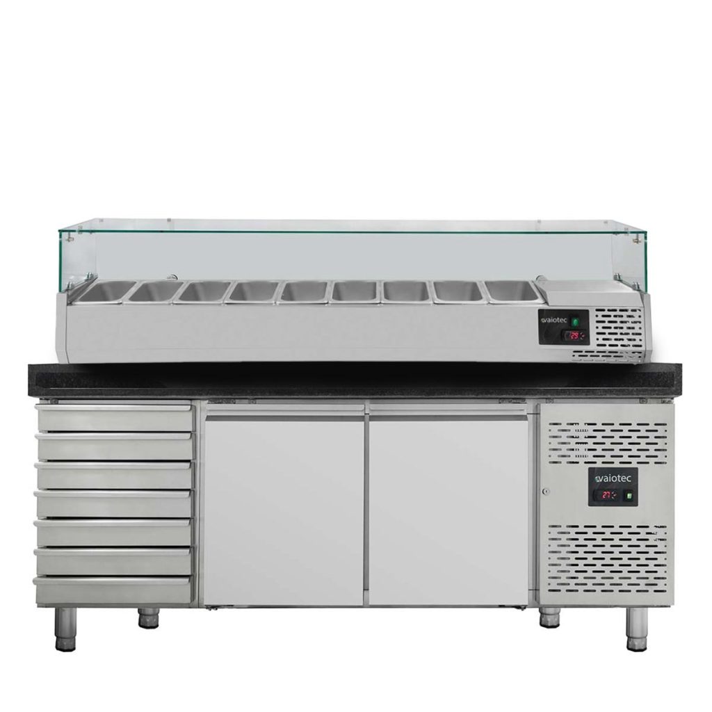 Pizzakühltisch / 2-türig & 7 Schubladen “schwarz” inkl. Kühlaufsatz GN1/3, 2020 x 800 mm