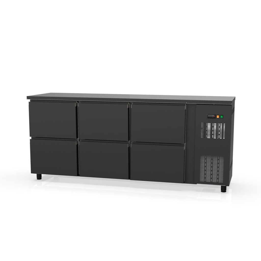 TOPLINE Barkühltisch schwarz / 6 Schubladen, 2025 x 530 mm