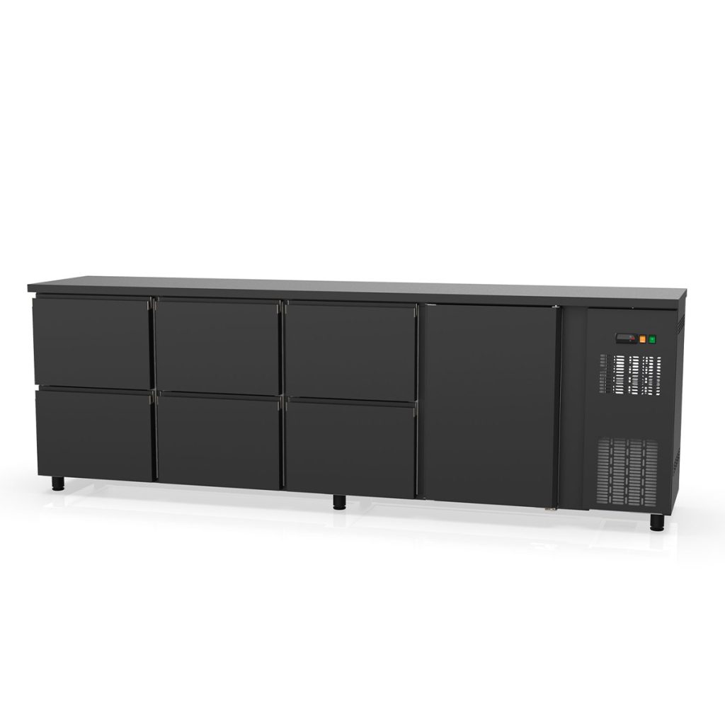 TOPLINE Barkühltisch schwarz / 1 Tür & 6 Schubladen, 2565 x 530 mm