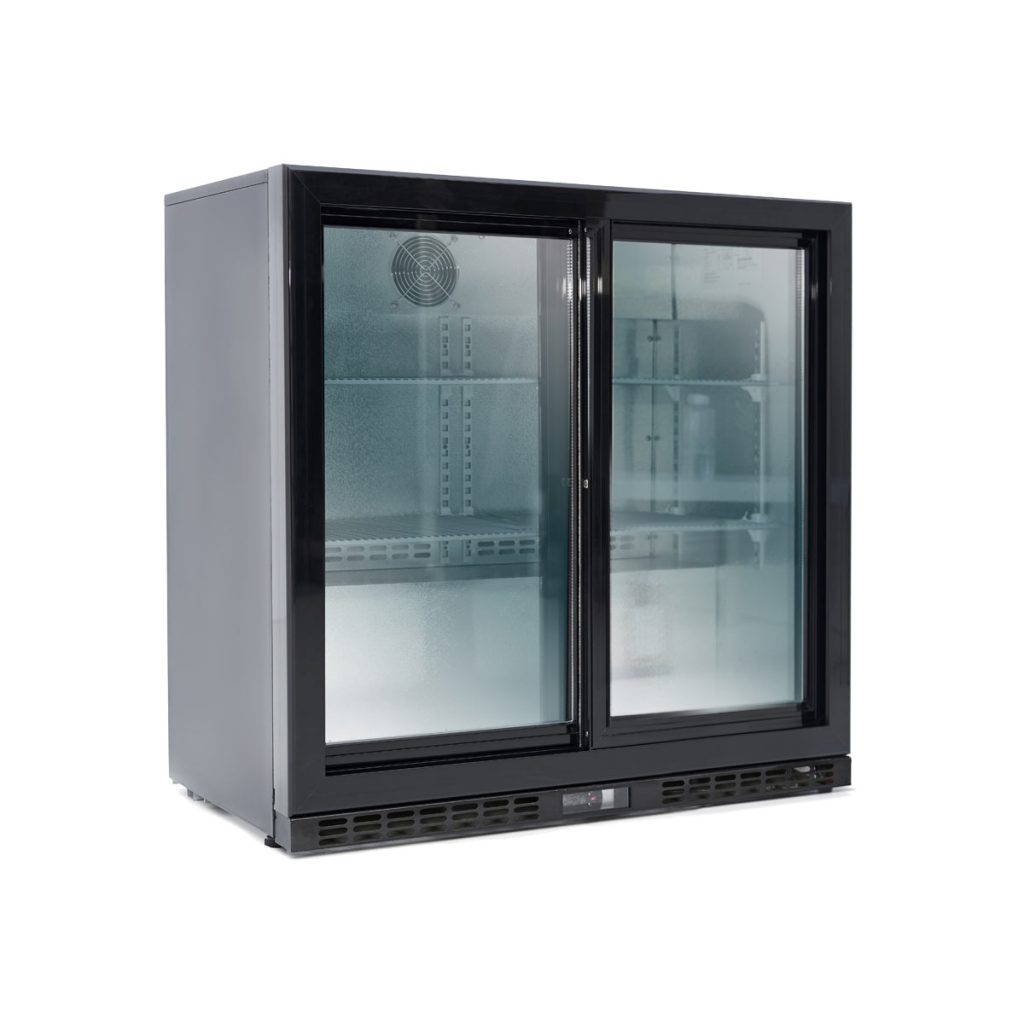 Barkühlschrank schwarz / 2 Glasschiebetüren, Höhe 840 mm, 900 x 520 mm