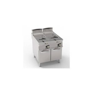 FRIGGITRICE GAS VASCA DOPPIA 21+21LT CON FONDO V FREESTANDING SU VANO CHIUSO – CESTELLI, COPERCHI E VASCA RECUPERO OLIO INCLUSI