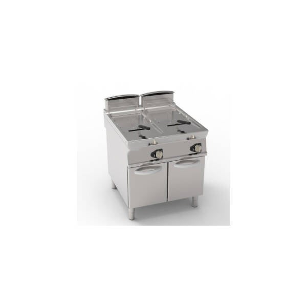 FRIGGITRICE GAS VASCA DOPPIA 21+21LT CON FONDO V FREESTANDING SU VANO CHIUSO – CESTELLI, COPERCHI E VASCA RECUPERO OLIO INCLUSI
