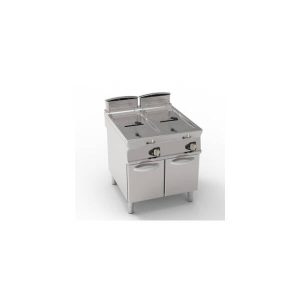 FRIGGITRICE GAS VASCA DOPPIA 17+17LT CON SCAMBIATORI IN VASCA FREESTANDING SU VANO CHIUSO – CESTELLI, COPERCHI E VASCA RECUPERO OLIO INCLUSI
