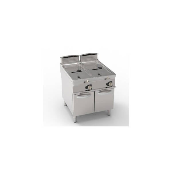 FRIGGITRICE GAS VASCA DOPPIA 17+17LT CON SCAMBIATORI IN VASCA FREESTANDING SU VANO CHIUSO – CESTELLI, COPERCHI E VASCA RECUPERO OLIO INCLUSI