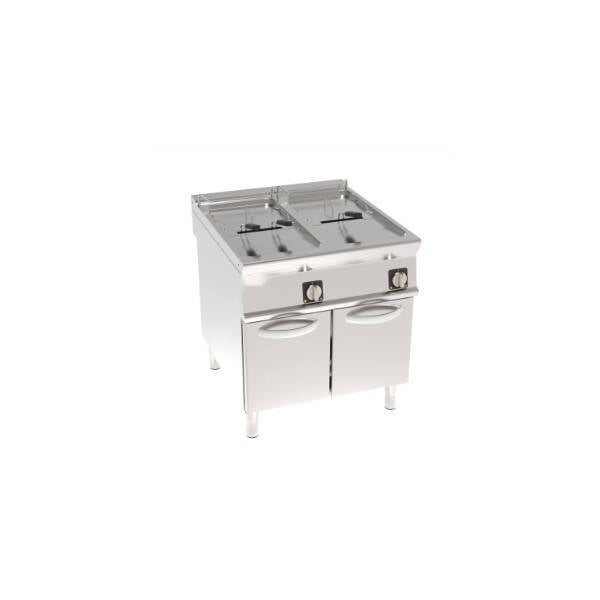 FRIGGITRICE ELETTRICA VASCA DOPPIA 21+21LT CON RESISTENZE ROTANTI IN VASCA FREESTANDING SU VANO CHIUSO – CESTELLI, COPERCHI E VASCA RECUPERO OLIO INCLUSI