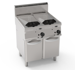 FRIGGITRICE GAS VASCA DOPPIA 14+14LT CON SCAMBIATORI IN VASCA FREESTANDING SU VANO CHIUSO – COPERCHI, CESTELLI E VASCA