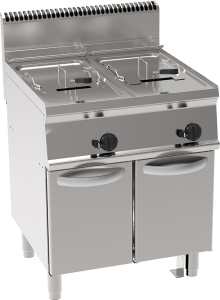 FRIGGITRICE GAS VASCA DOPPIA 13+13LT CON FONDO A V FREESTANDING SU VANO CHIUSO – CESTELLI, COPERCHI E UNA VASCA RECUPERO