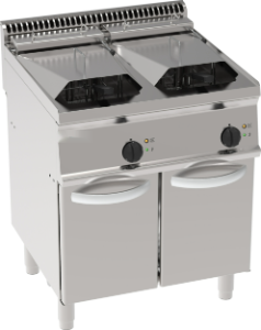 FRIGGITRICE ELETTRICA VASCA DOPPIA 14+14 LT CON ELEMENTI RISCALDANTI IN VASCA BASCULANTI FREESTANDING SU VANO CHIUSO