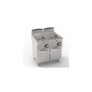 FRIGGITRICE GAS VASCA DOPPIA 17+17LT CON SCAMBIATORI IN VASCA FREESTANDING SU VANO CHIUSO – CESTELLI, COPERCHI E VASCA RECUPERO OLIO INCLUSI