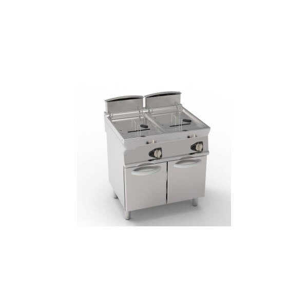 FRIGGITRICE GAS VASCA DOPPIA 17+17LT CON SCAMBIATORI IN VASCA FREESTANDING SU VANO CHIUSO – CESTELLI, COPERCHI E VASCA RECUPERO OLIO INCLUSI