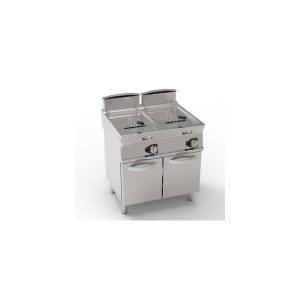 FRIGGITRICE GAS VASCA DOPPIA 13+13LT CON SCAMBIATORI IN VASCA FREESTANDING SU VANO CHIUSO – CESTELLI, COPERCHI E VASCA RECUPERO OLIO INCLUSI