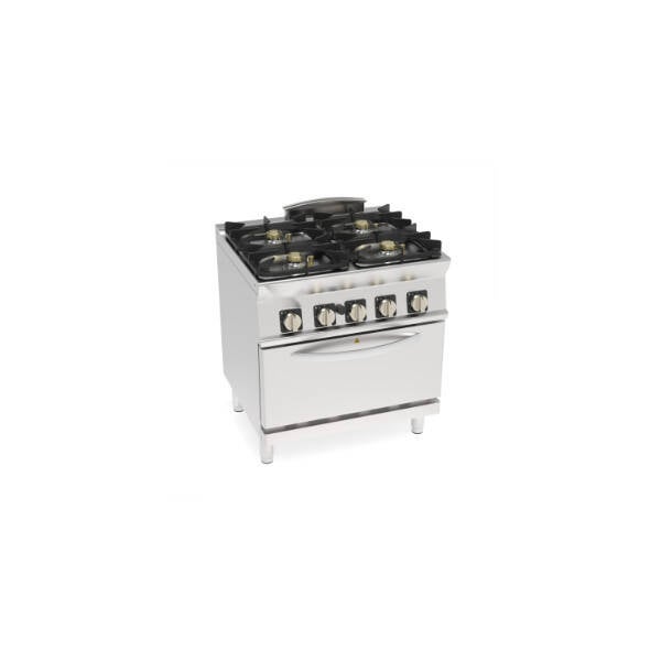 CUCINA GAS ERMETICO 4 FUOCHI CON GRIGLIE IN GHISA SU FORNO GAS STATICO GN2/1 CON 1 GRIGLIA