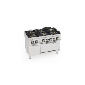 CUCINA GAS ERMETICA 6 FUOCHI CON GRIGLIE IN GHISA SU FORNO GAS STATICO GN2/1 CON 1 GRIGLIA