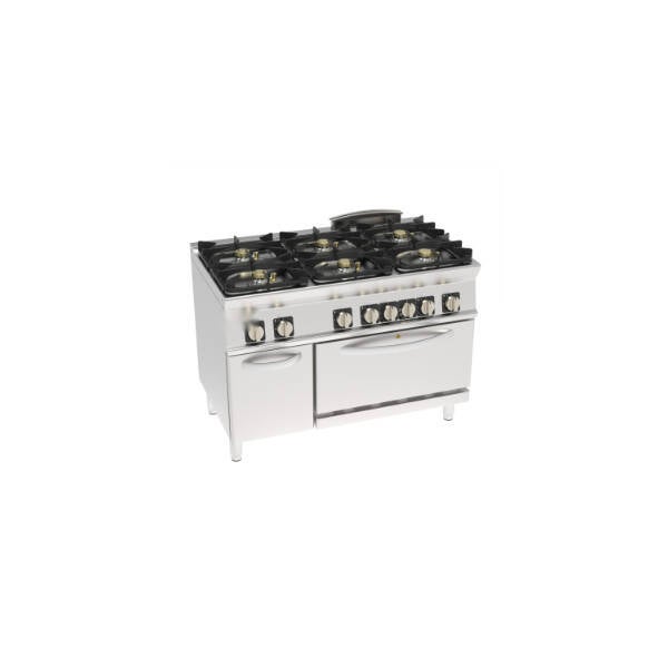 CUCINA GAS ERMETICA 6 FUOCHI CON GRIGLIE IN GHISA SU FORNO ELETTRICO STATICO GN2/1 CON 1 GRIGLIA