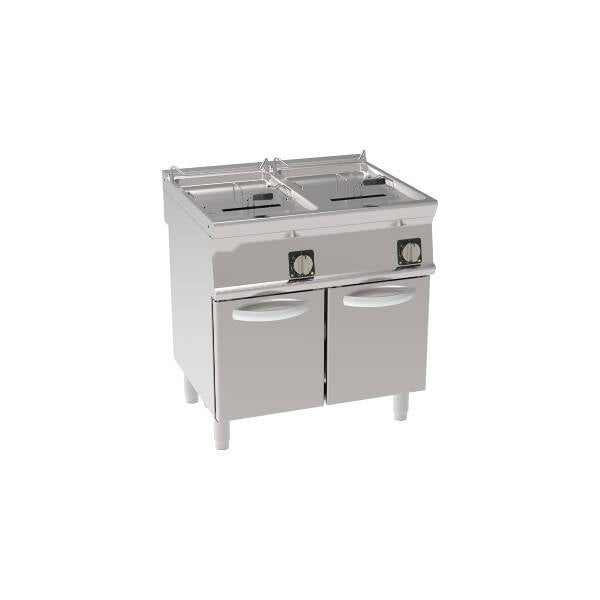 FRIGGITRICE ELETTRICA VASCA DOPPIA 17+17LT CON RESISTENZE ROTANTI IN VASCA FREESTANDING SU VANO CHIUSO – CESTELLI, COPERCHI E VASCA RECUPERO OLIO INCLUSI