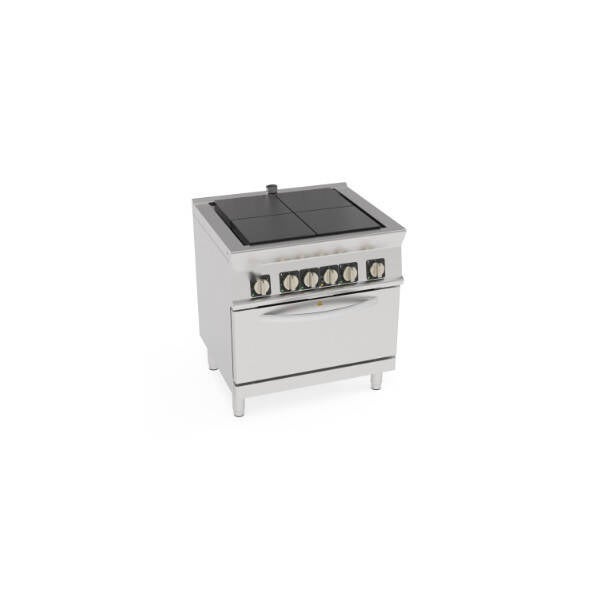 CUCINA ELETTRICA 4 PIASTRE QUADRE (30X30CM – 11.8X11.8IN) COMPLANARI BASCULANTI SU FORNO ELETTRICO CONVEZIONE GN1/1 CON 1 GRIGLIA