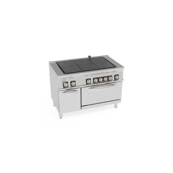CUCINA ELETTRICA 6 PIASTRE QUADRE (30X30CM – 11.8X11.8IN) COMPLANARI BASCULANTI SU FORNO ELETTRICO CONVEZIONE GN1/1 CON 1 GRIGLIA