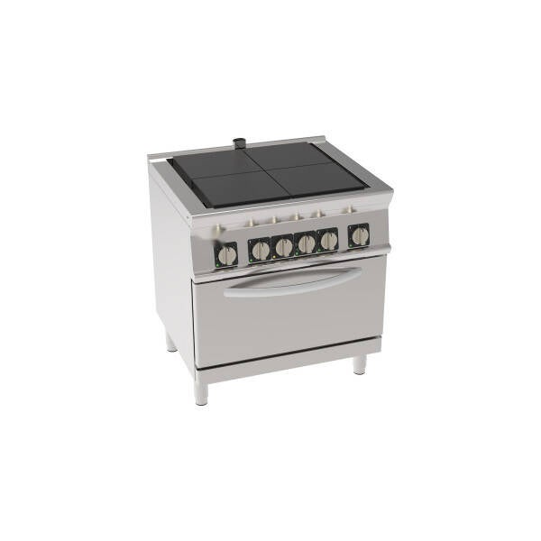 CUCINA ELETTRICA 4 PIASTRE QUADRE COMPLANARI BASCULANTI SU FORNO ELETTRICO STATICO GN2/1 CON 1 GRIGLIA (PIASTRA 30X30CM – 11.8X11.8IN)
