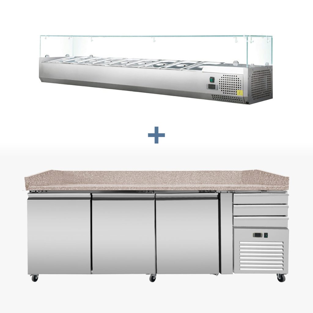 Tavolo pizza refrigerato PRO, granito rosa-grigio, 3 porte + 3 cassetti, 213 x 80, sovrastruttura refrigerata GN1/3 con vetro