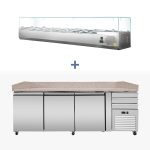 Tavolo pizza refrigerato PRO, granito rosa-grigio, 3 porte + 3 cassetti, 213 x 80, sovrastruttura refrigerata GN1/3 con vetro