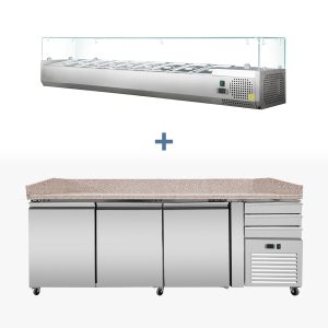 Tavolo pizza refrigerato PRO, granito rosa-grigio, 3 porte + 3 cassetti, 213 x 80, sovrastruttura refrigerata GN1/3 con vetro