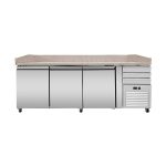 Tavolo pizza refrigerato PRO, granito rosa-grigio, 3 porte + 3 cassetti, 213 x 80, sovrastruttura refrigerata GN1/3 con vetro