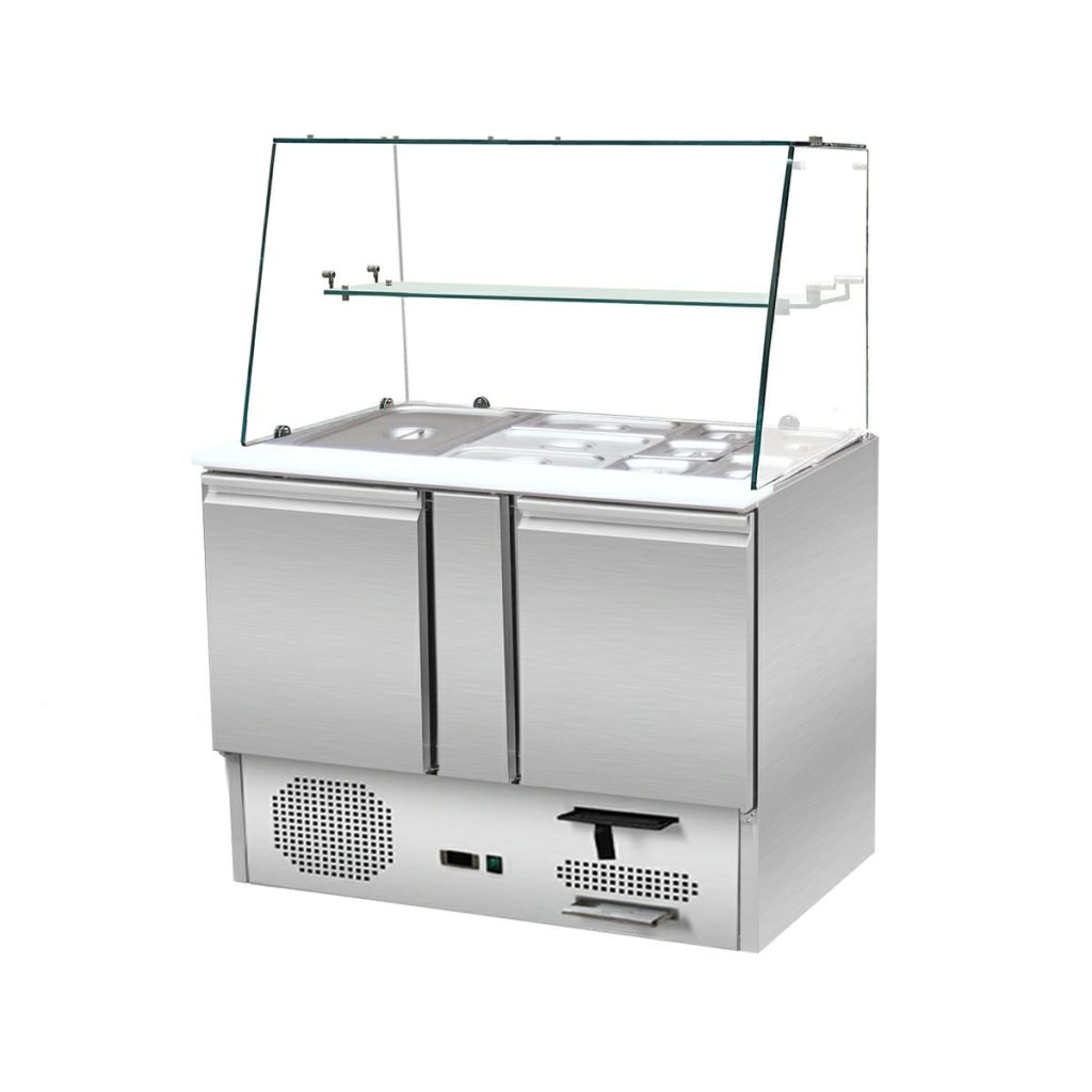 Saladette refrigerata 2 porte, 105 x 70, sovrastruttura in vetro dritto trasparente