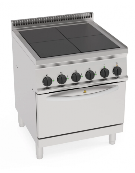 Cucina elettrica 4 piastre quadre complanari fisse, su forno elettrico statico GN2/1 – potenza tot 15,3Kw trifase – cm 70x70x85h