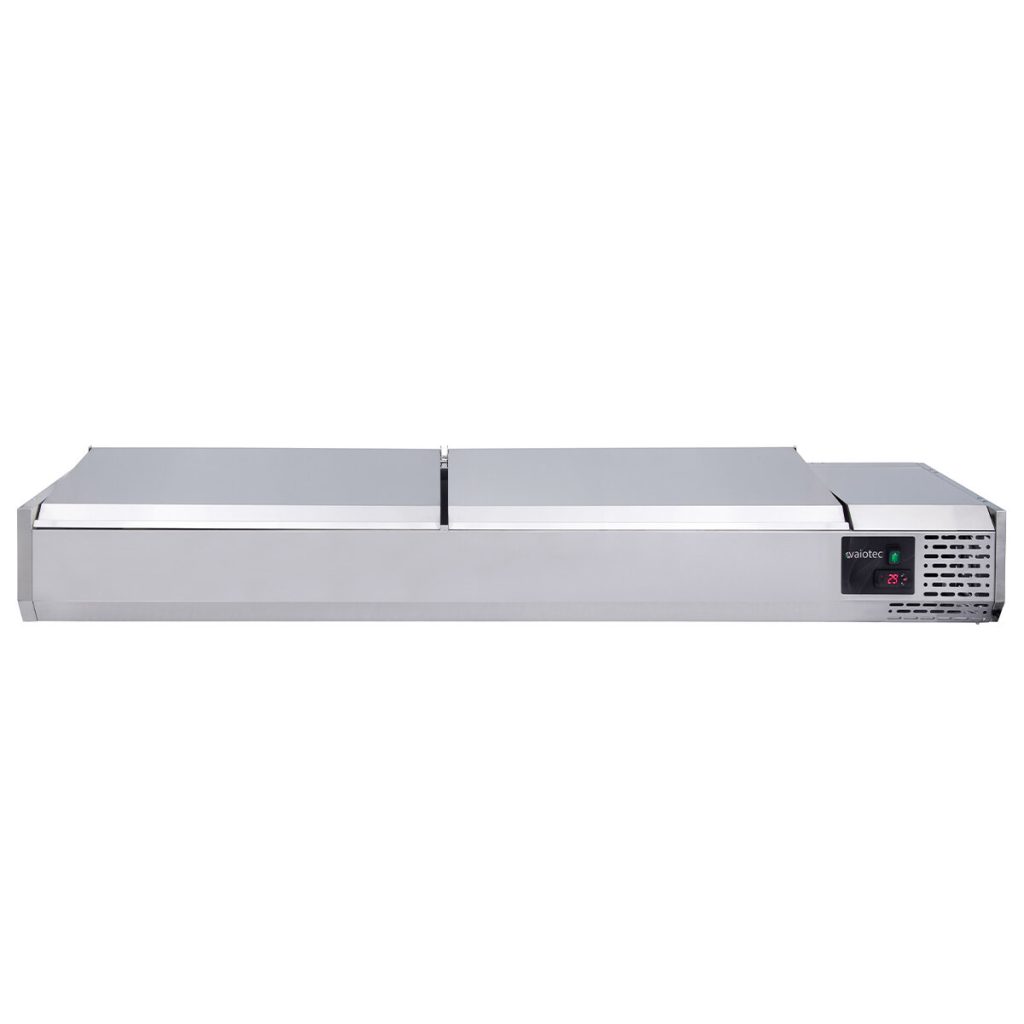 Vetrina refrigerata da banco con coperchio inox, 5x GN 1/3 + 1x GN 1/2, 1480 x 395 mm