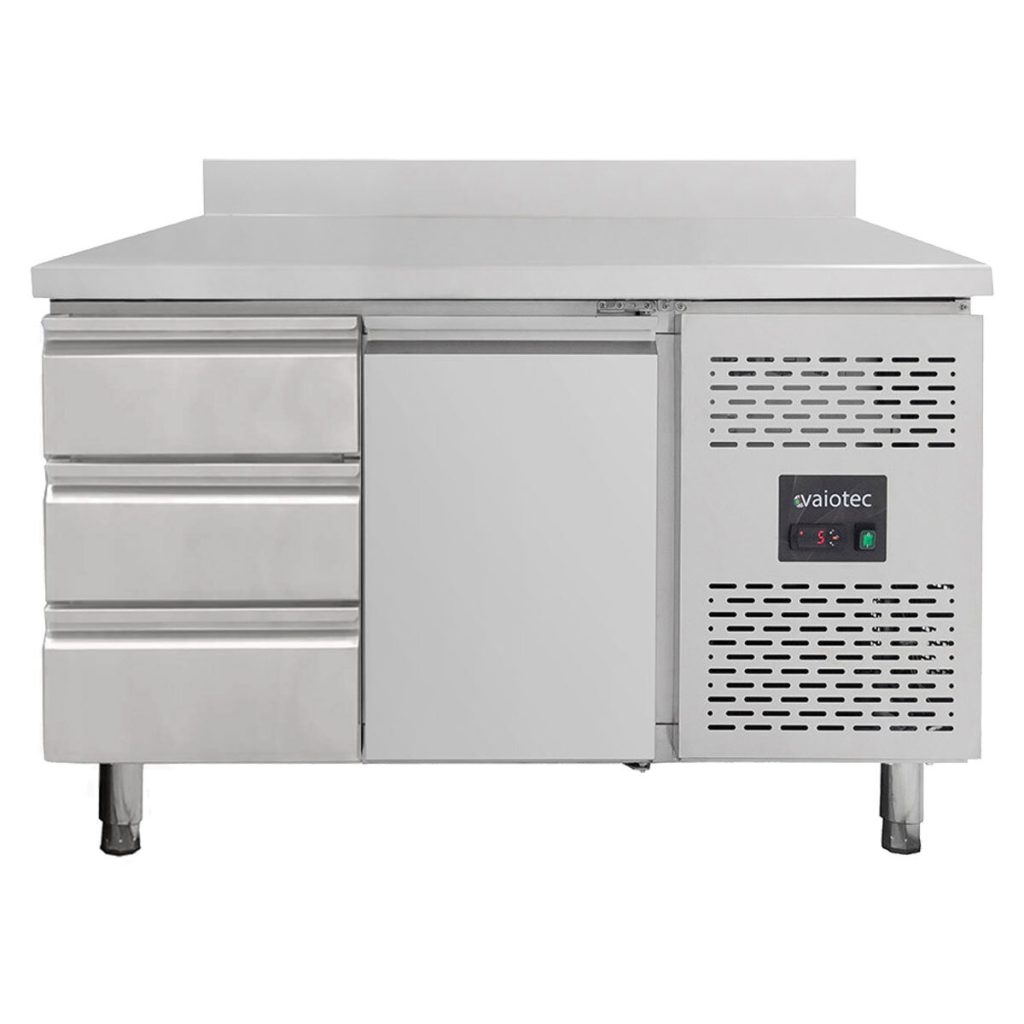 Tavolo refrigerato / 1 porta e 3 cassetti a sinistra con alzatina – Monoblocco, 1360 x 700 mm