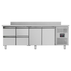 Tavolo refrigerato / 2 porte e 4 cassetti con alzatina – Monoblocco, 2230 x 700 mm