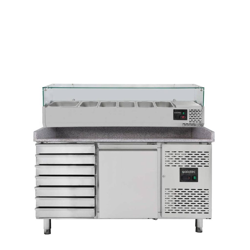 Tavolo pizza refrigerato VAIOTEC EASYLINE 1 porta + 7 cassetti grigio con vetrina refrigerata porta bacinelle 5× GN 1/3 + 1× GN 1/2 – 1510×800 mm