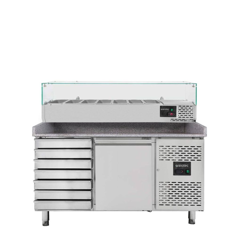 Tavolo pizza refrigerato VAIOTEC EASYLINE 1 porta + 7 cassetti grigio con vetrina refrigerata porta bacinelle 7× GN 1/4 – 1510×800 mm