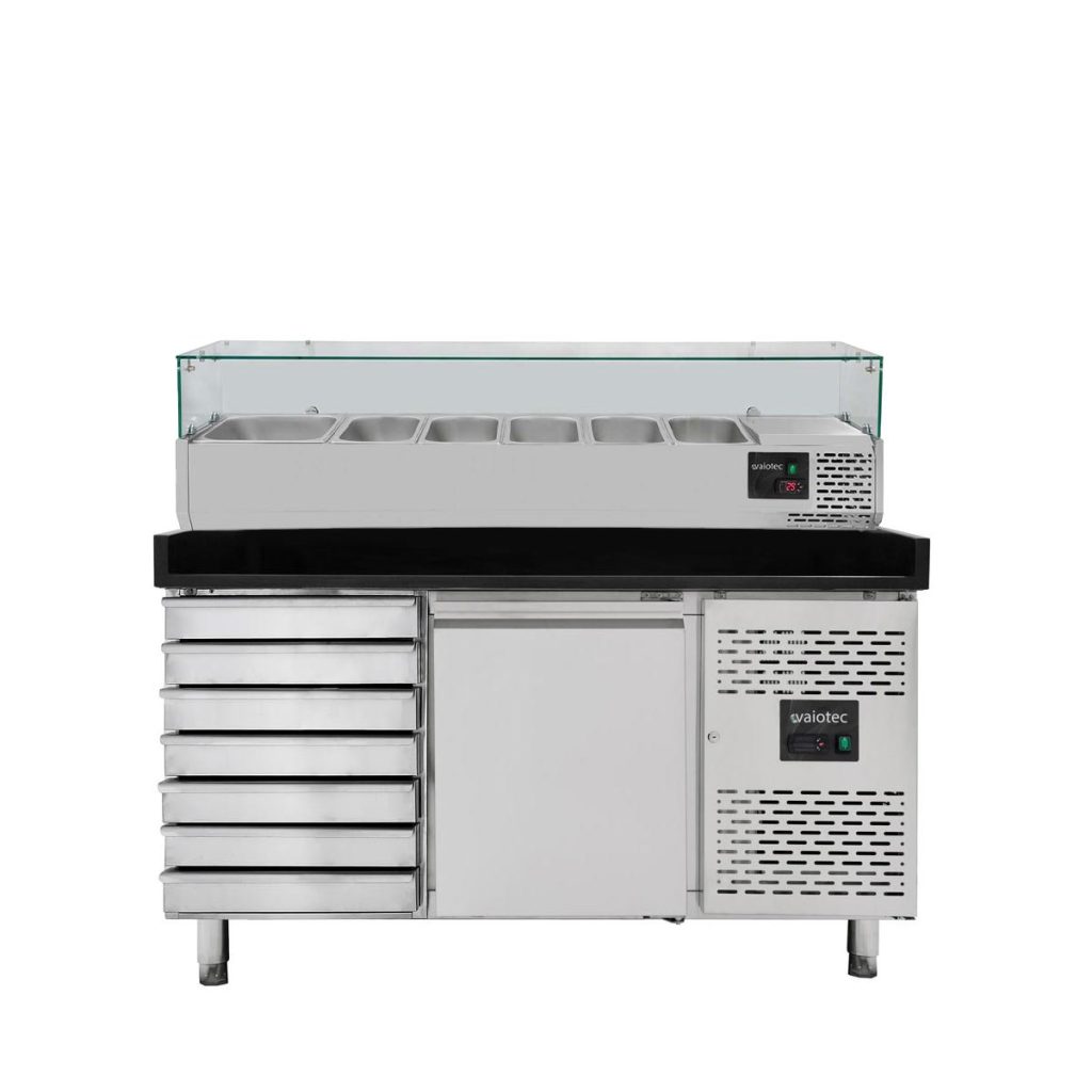 Tavolo pizza refrigerato / 1 porta e 7 cassetti “grigio” con vetrina GN1/3, 1510 x 800 mm