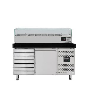 Tavolo pizza refrigerato / 1 porta e 7 cassetti "grigio" con vetrina GN1/3, 1510 x 800 mm