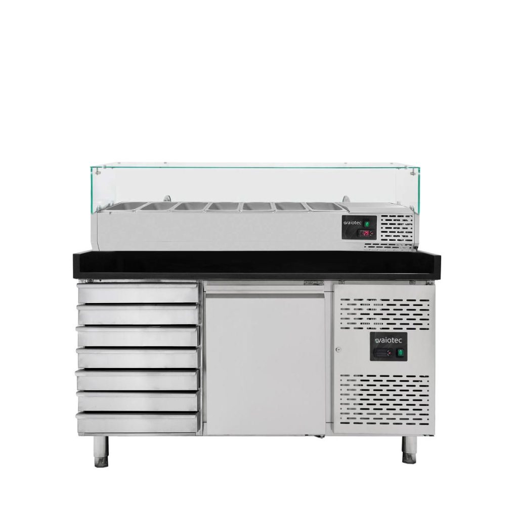 Tavolo pizza refrigerato / 1 porta e 7 cassetti “grigio” con vetrina GN1/4, 1510 x 800 mm