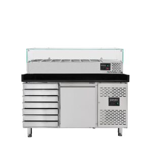 Tavolo pizza refrigerato / 1 porta e 7 cassetti "grigio" con vetrina GN1/4, 1510 x 800 mm