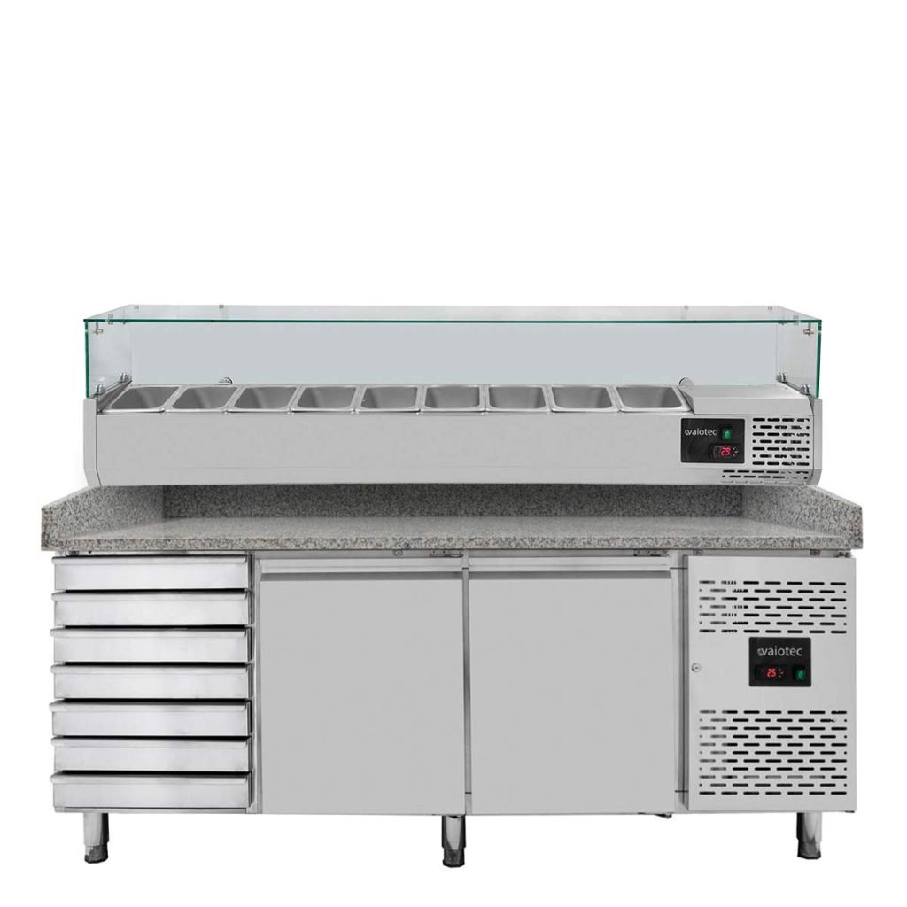 Tavolo pizza refrigerato VAIOTEC EASYLINE 2 porte + 7 cassetti grigio con vetrina refrigerata porta bacinelle 9× GN 1/3 – 2025×800 mm