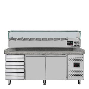 Tavolo pizza refrigerato / 2 porte e 7 cassetti “grigio” con vetrina GN1/3, 2020 x 800 mm