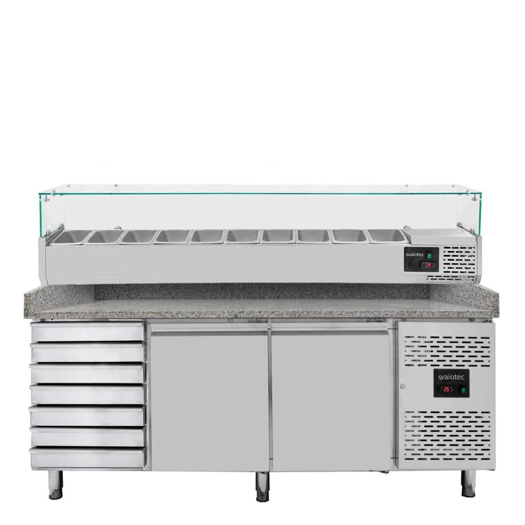 Tavolo pizza refrigerato / 2 porte e 7 cassetti “grigio” con vetrina GN1/4, 2020 x 800 mm