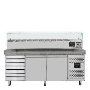 Tavolo pizza refrigerato / 2 porte e 7 cassetti “grigio” con vetrina GN1/4, 2020 x 800 mm