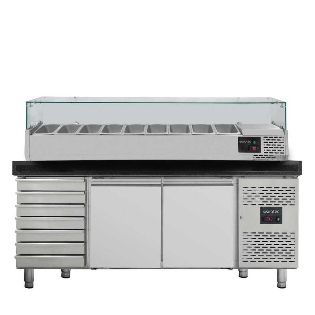 Tavolo pizza refrigerato VAIOTEC EASYLINE 2 porte + 7 cassetti nero con vetrina refrigerata porta bacinelle 9× GN 1/3 – 2025×800 mm