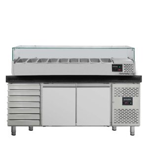 Tavolo pizza refrigerato / 2 porte e 7 cassetti “nero” con vetrina GN1/3, 2020 x 800 mm