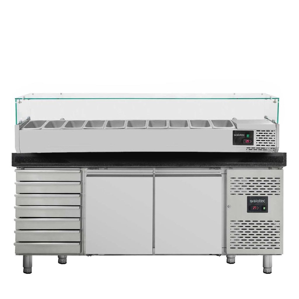 Tavolo pizza refrigerato VAIOTEC EASYLINE 2 porte + 7 cassetti nero con vetrina refrigerata porta bacinelle 10× GN 1/4 – 2025×800 mm