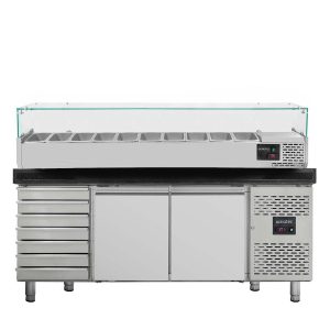 Tavolo pizza refrigerato / 2 porte e 7 cassetti “nero” con vetrina GN1/4, 2020 x 800 mm