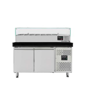 Tavolo pizza refrigerato / 2 porte e 7 cassetti "grigio" con vetrina GN1/4, 2020 x 800 mm